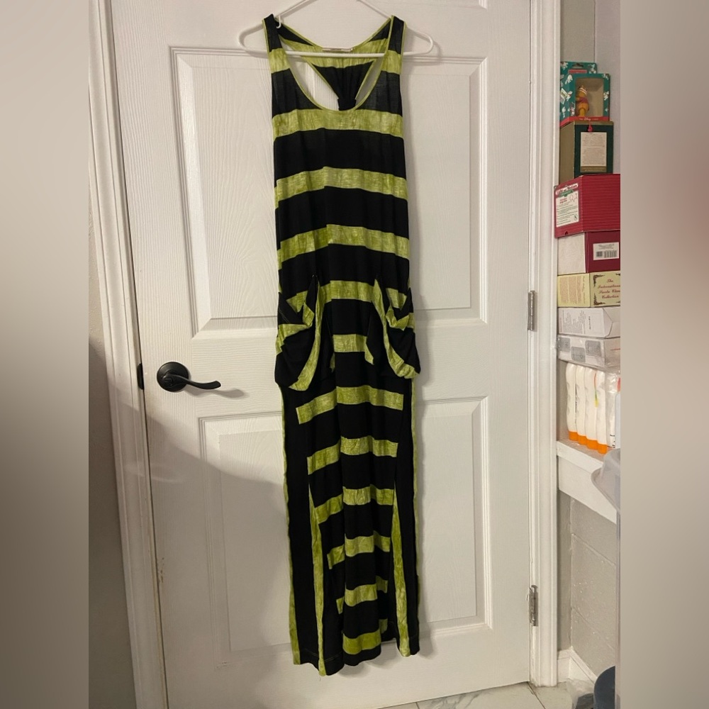 T34a- LANGUAGE Black-Neon Green Striped BURNOUT Gathered Racerback Maxi Dress